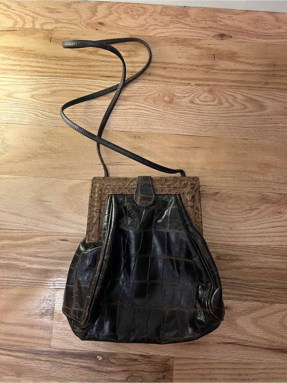 Vintage Black and Brown Croc-Embossed Crossbody Bag by Vintage